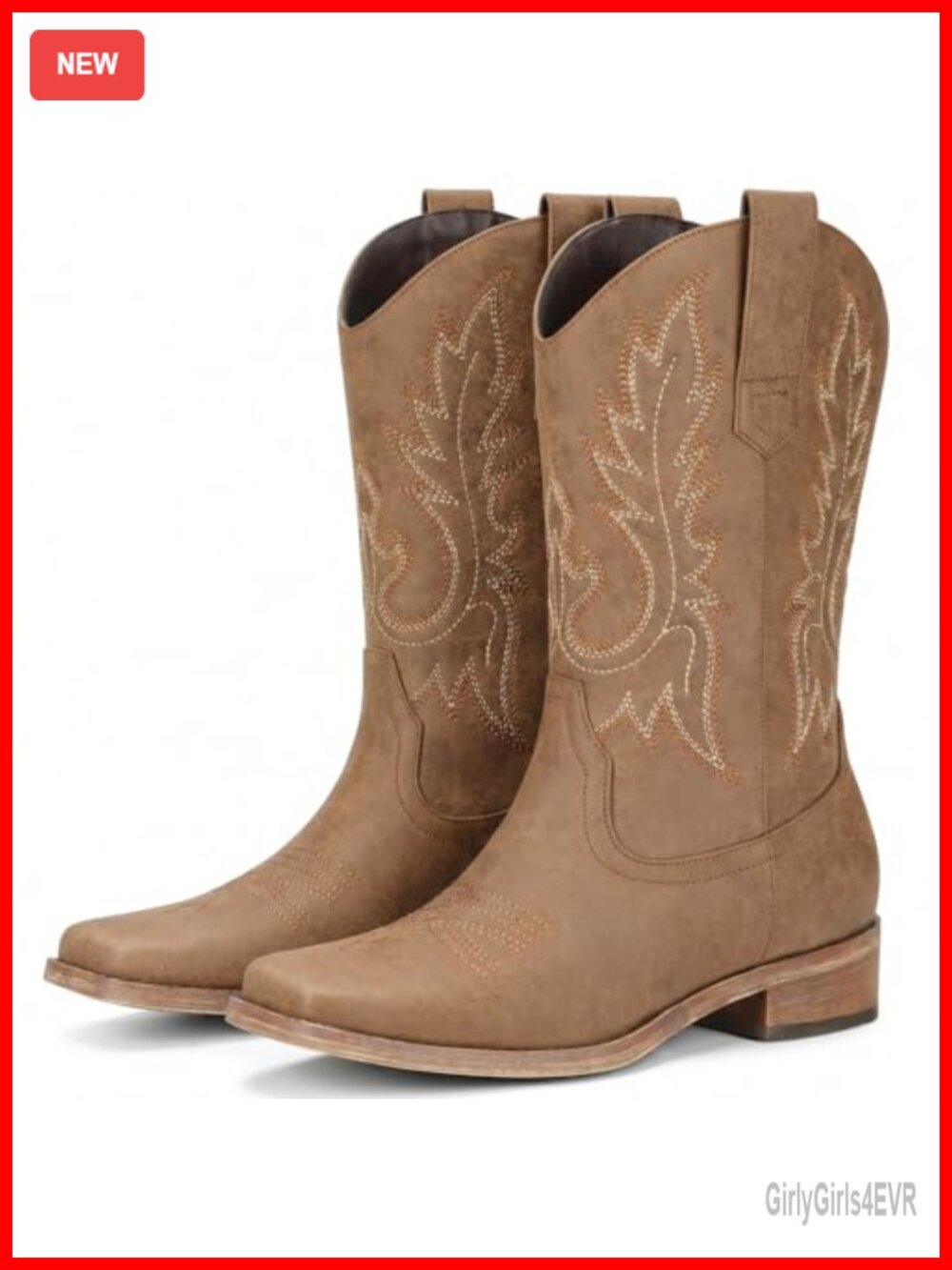 Women's Square Toe Cowboy Boots Mid Calf Western Cowgirl Boots Faux Leather